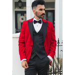 Smoking masculino vermelho de veludo com lapelas de cetim para jantar, casamento, formatura e traje de gala.