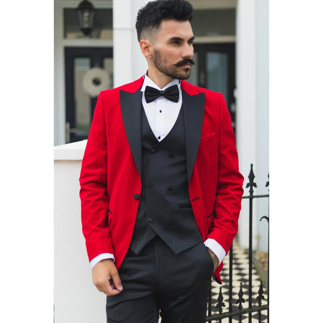 Smoking masculino vermelho de veludo com lapelas de cetim para jantar, casamento, formatura e traje de gala.