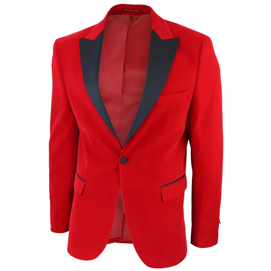 Smoking masculino vermelho de veludo com lapelas de cetim para jantar, casamento, formatura e traje de gala.