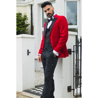 Smoking masculino vermelho de veludo com lapelas de cetim para jantar, casamento, formatura e traje de gala.