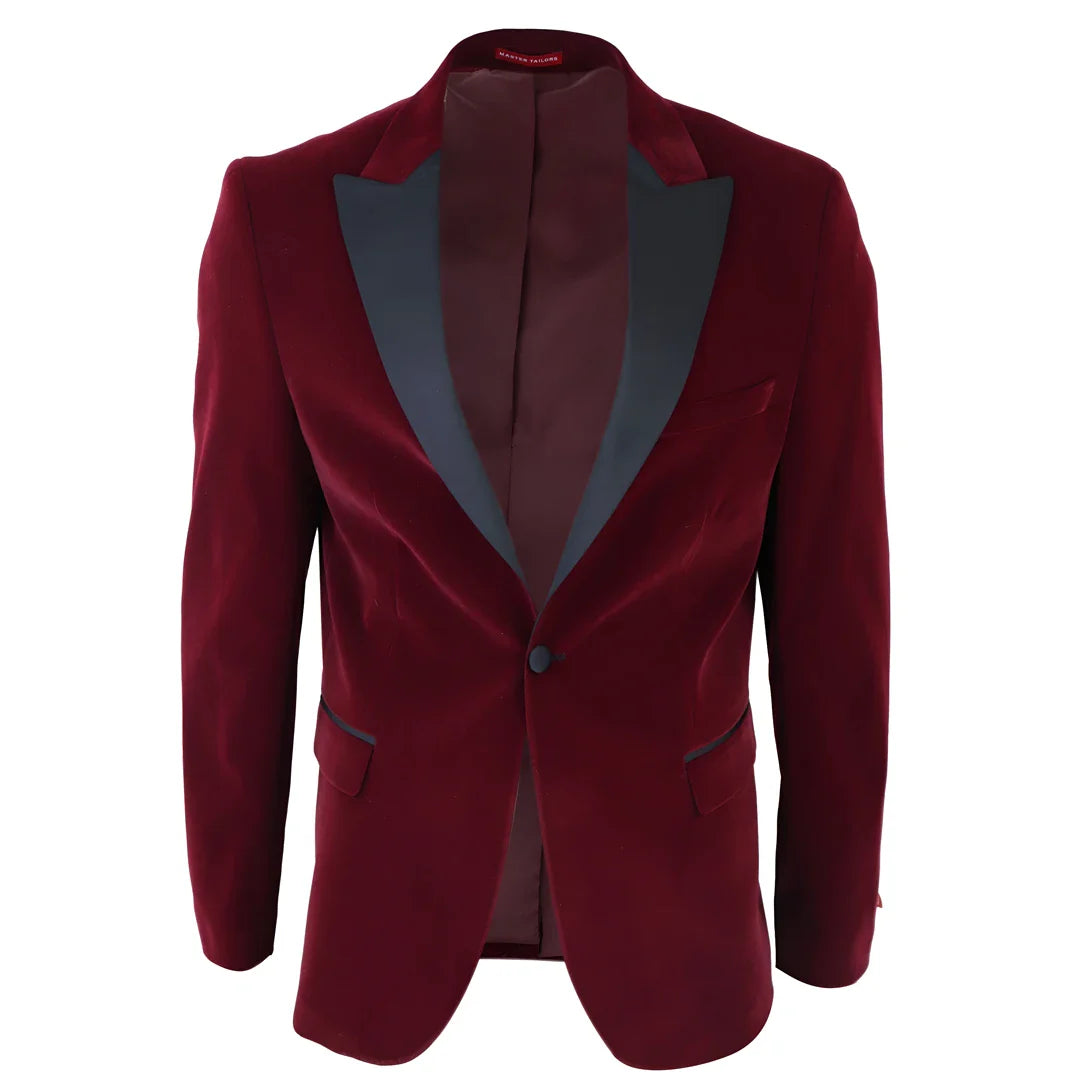 Smoking masculino em veludo vinho com lapelas de cetim para jantar, casamento, formatura e traje de gala.