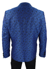 Smoking masculino com blazer e colete em brocado com estampa paisley, em cetim preto e azul - Sem calça.