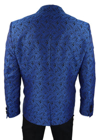 Smoking masculino com blazer e colete em brocado com estampa paisley, em cetim preto e azul - Sem calça.
