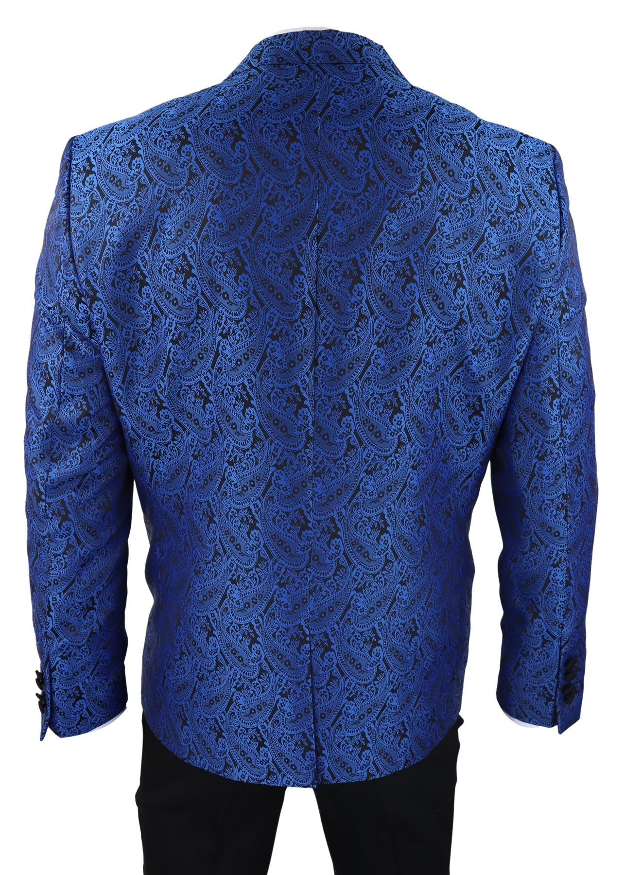 Smoking masculino com blazer e colete em brocado com estampa paisley, em cetim preto e azul - Sem calça.