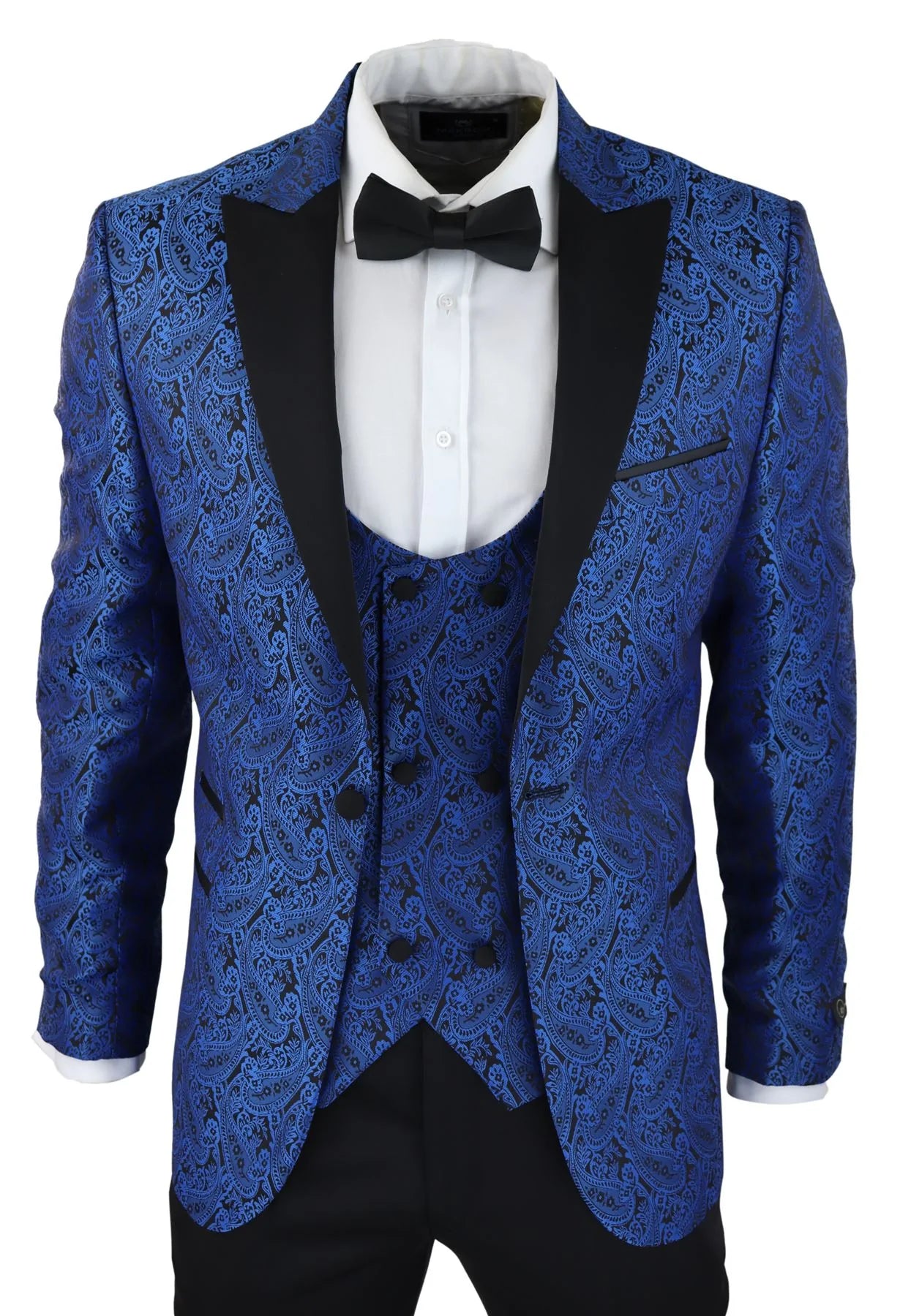 Smoking masculino com blazer e colete em brocado com estampa paisley, em cetim preto e azul - Sem calça.