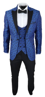 Smoking masculino com blazer e colete em brocado com estampa paisley, em cetim preto e azul - Sem calça.