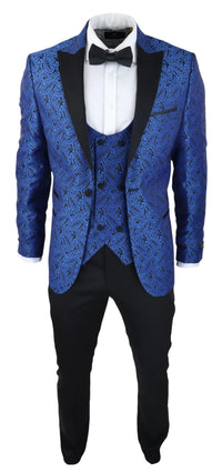 Smoking masculino com blazer e colete em brocado com estampa paisley, em cetim preto e azul - Sem calça.