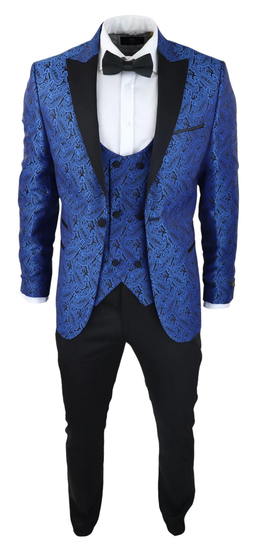 Smoking masculino com blazer e colete em brocado com estampa paisley, em cetim preto e azul - Sem calça.