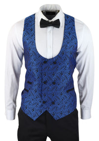 Smoking masculino com blazer e colete em brocado com estampa paisley, em cetim preto e azul - Sem calça.