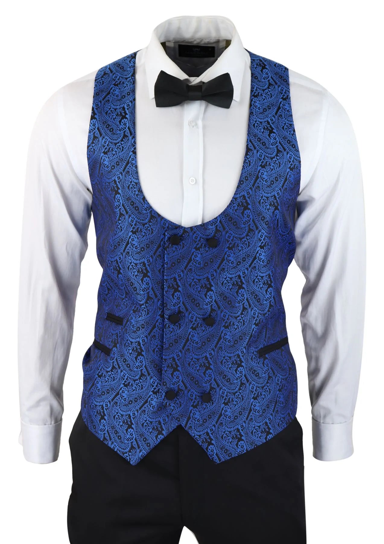 Smoking masculino com blazer e colete em brocado com estampa paisley, em cetim preto e azul - Sem calça.