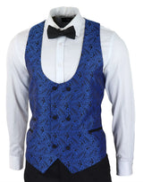 Smoking masculino com blazer e colete em brocado com estampa paisley, em cetim preto e azul - Sem calça.
