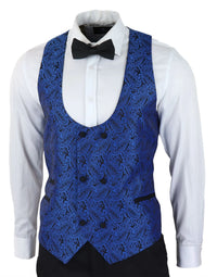 Smoking masculino com blazer e colete em brocado com estampa paisley, em cetim preto e azul - Sem calça.