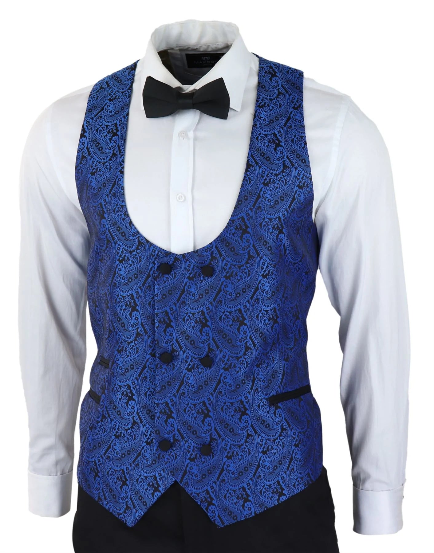 Smoking masculino com blazer e colete em brocado com estampa paisley, em cetim preto e azul - Sem calça.