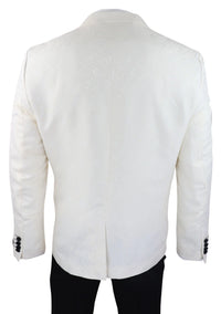 Smoking masculino com blazer e colete em brocado com estampa paisley, nas cores marfim e preto.