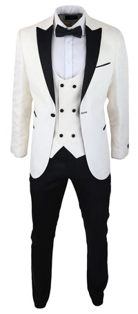 Smoking masculino com blazer e colete em brocado com estampa paisley, nas cores marfim e preto.