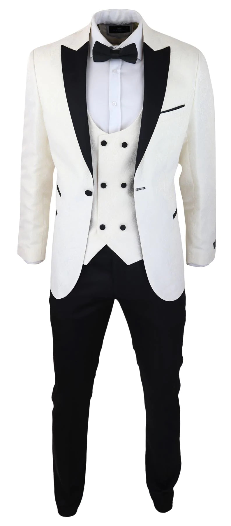 Smoking masculino com blazer e colete em brocado com estampa paisley, nas cores marfim e preto.