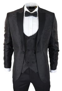 Smoking masculino com blazer e colete em brocado com estampa paisley, corte acetinado preto - Sem calça.