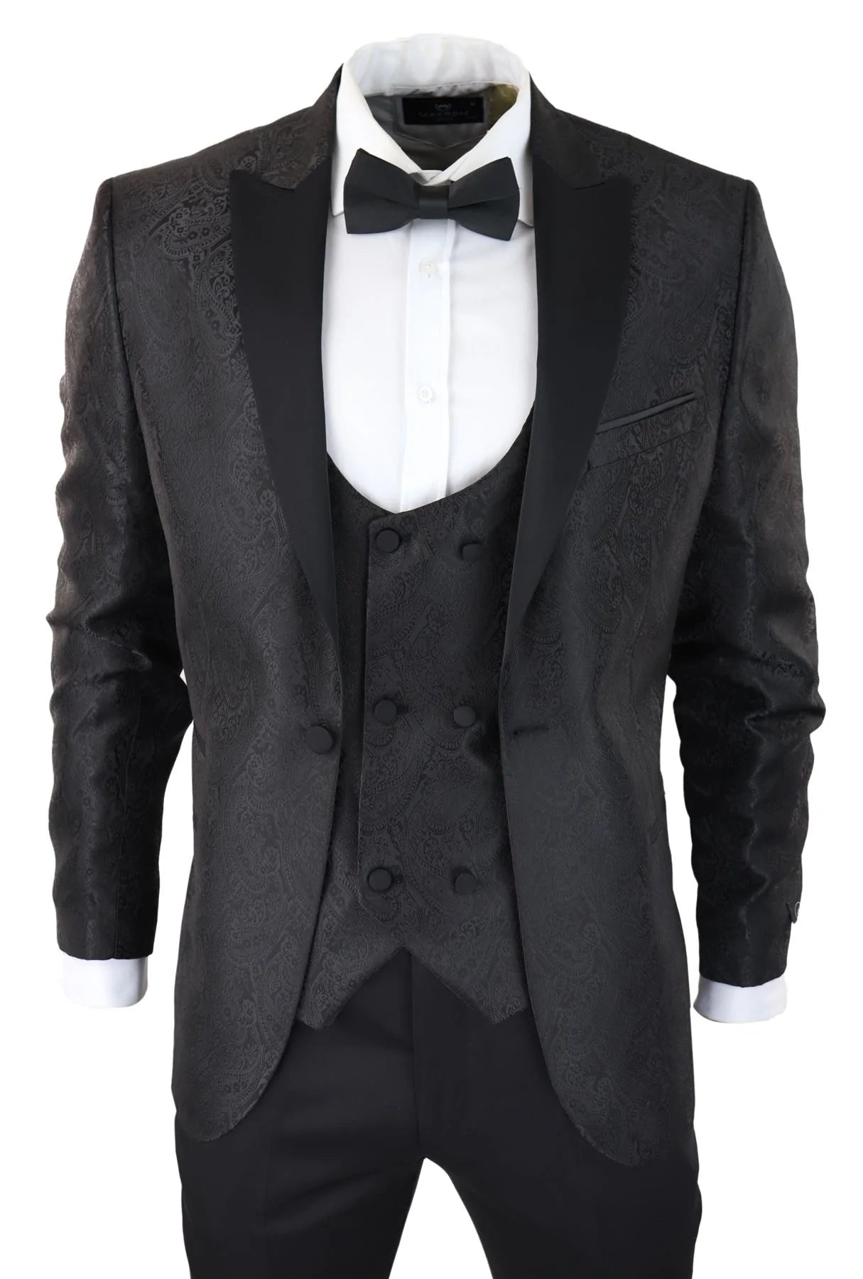 Smoking masculino com blazer e colete em brocado com estampa paisley, corte acetinado preto - Sem calça.