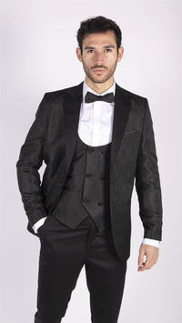 Smoking masculino com blazer e colete em brocado com estampa paisley, corte acetinado preto - Sem calça.