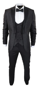 Smoking masculino com blazer e colete em brocado com estampa paisley, corte acetinado preto - Sem calça.