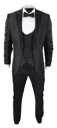 Smoking masculino com blazer e colete em brocado com estampa paisley, corte acetinado preto - Sem calça.