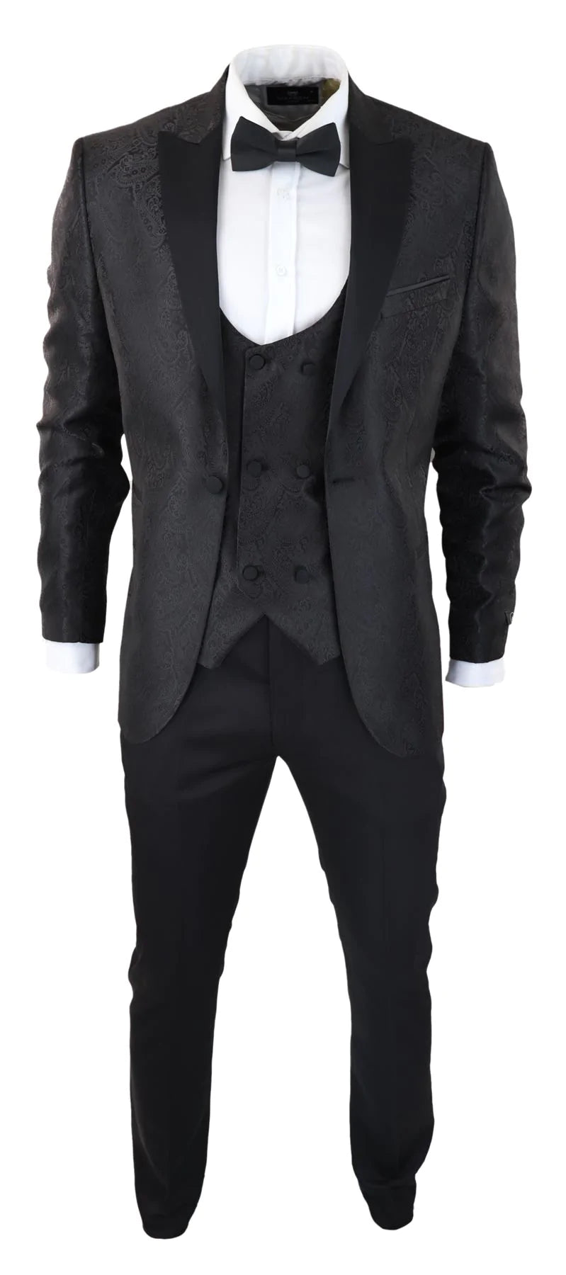 Smoking masculino com blazer e colete em brocado com estampa paisley, corte acetinado preto - Sem calça.