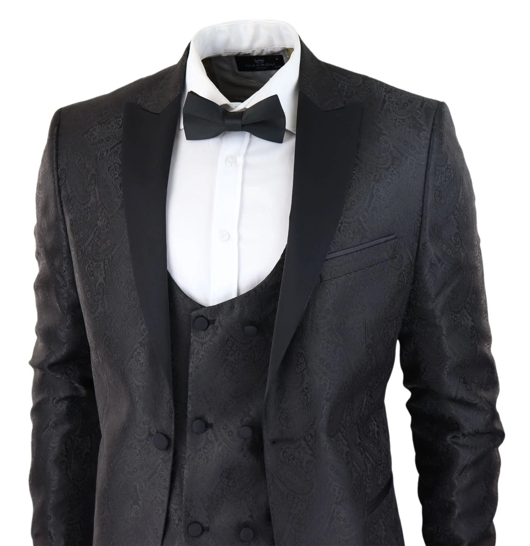 Smoking masculino com blazer e colete em brocado com estampa paisley, corte acetinado preto - Sem calça.