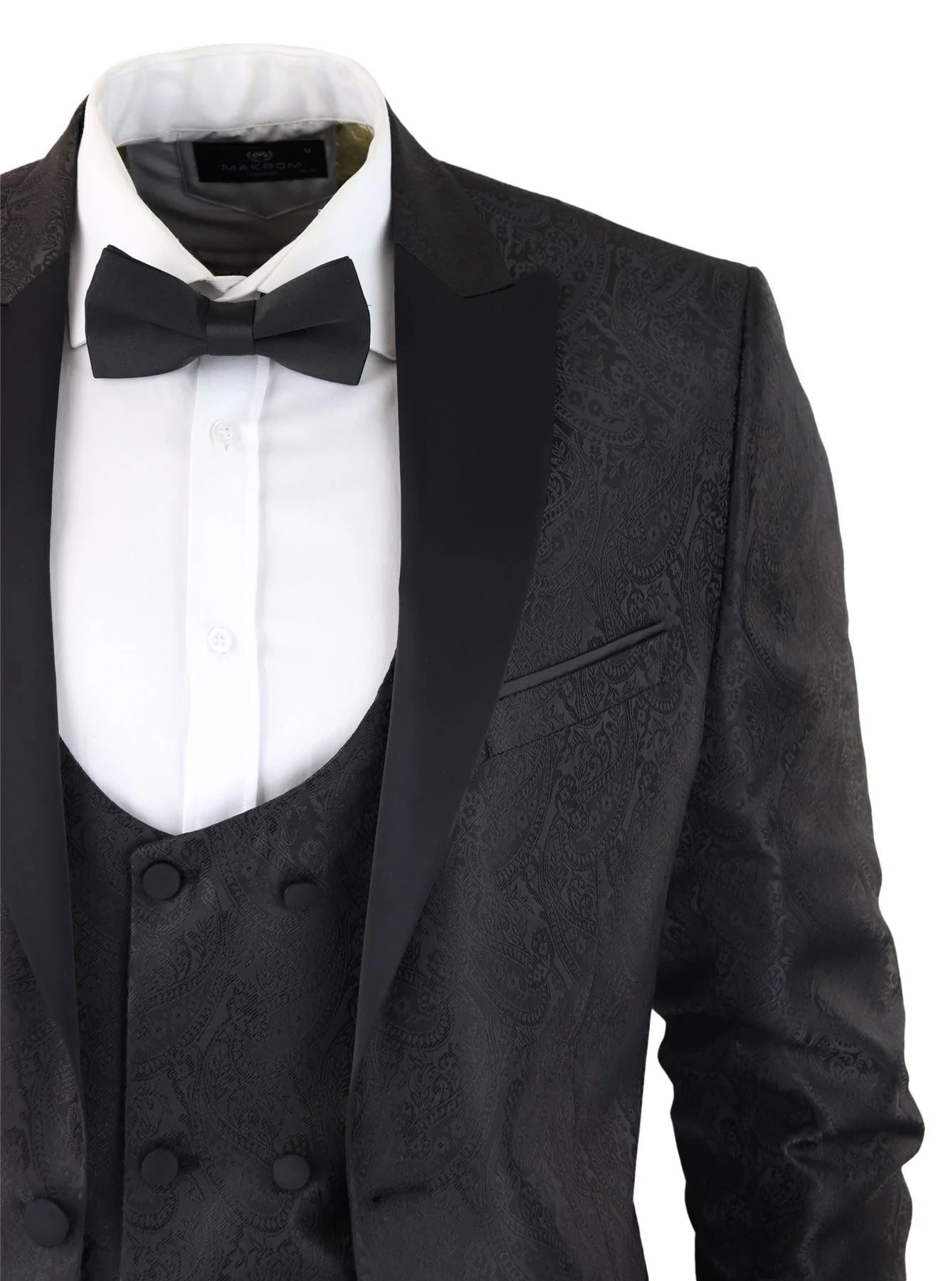 Smoking masculino com blazer e colete em brocado com estampa paisley, corte acetinado preto - Sem calça.