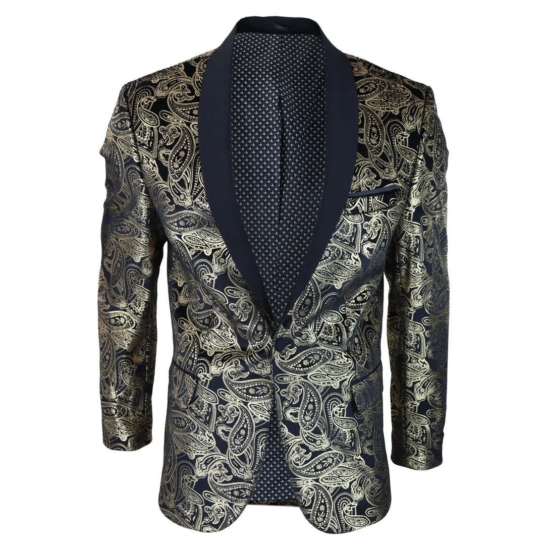 STZ64-65 - Blazer masculino de veludo com estampa floral paisley, estilo smoking.