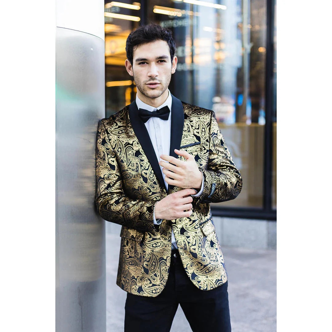 STZ64-65 - Blazer masculino de veludo com estampa floral paisley, estilo smoking.