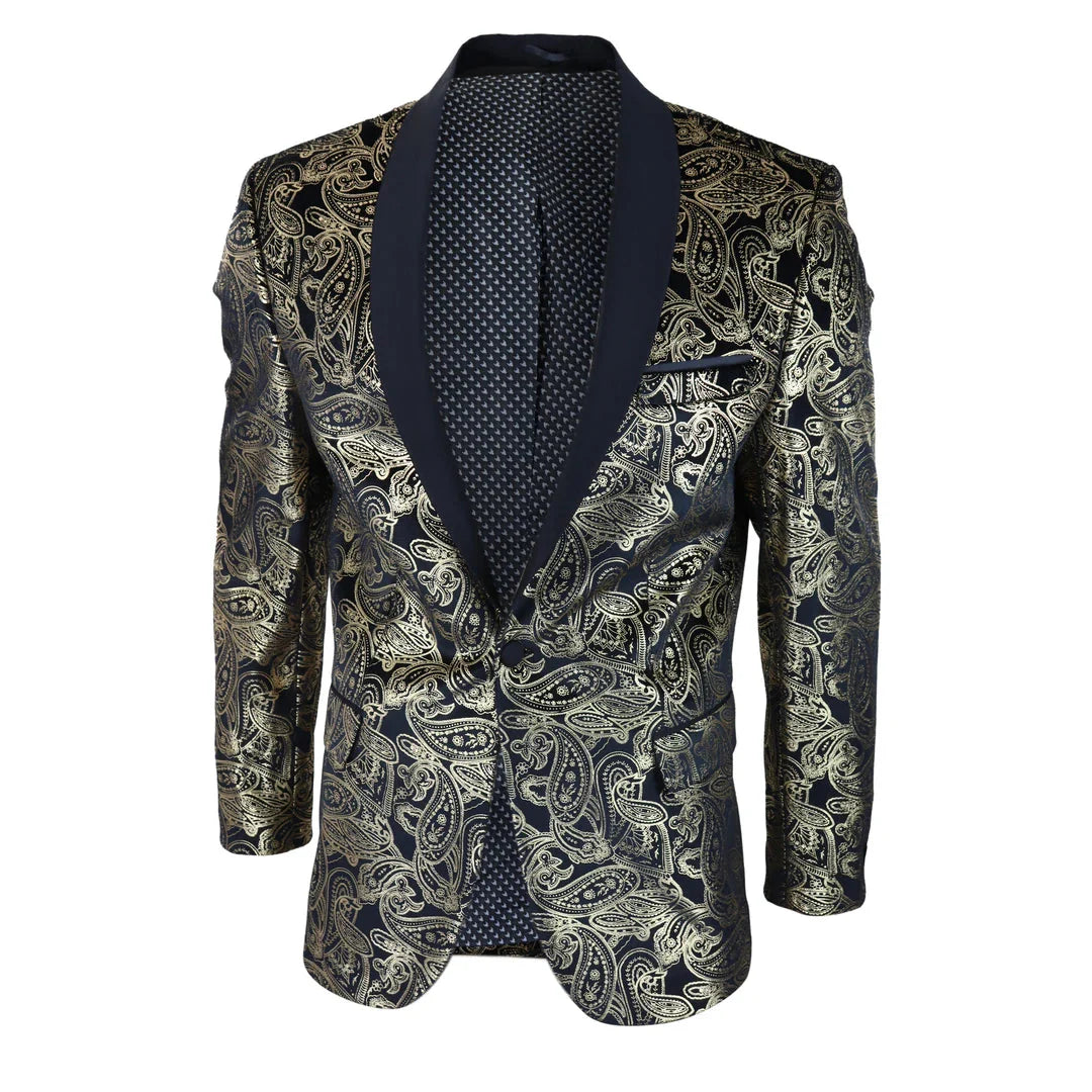 STZ64-65 - Blazer masculino de veludo com estampa floral paisley, estilo smoking.