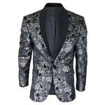 STZ64-65 - Blazer masculino de veludo com estampa floral paisley, estilo smoking, nas cores prata e preto.