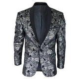 STZ64-65 - Blazer masculino de veludo com estampa floral paisley, estilo smoking, nas cores prata e preto.