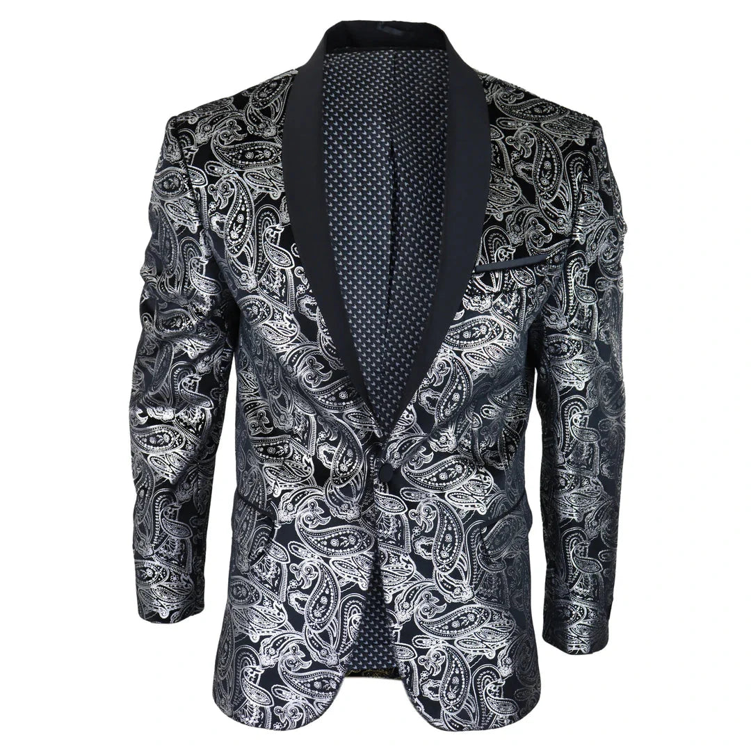 STZ64-65 - Blazer masculino de veludo com estampa floral paisley, estilo smoking, nas cores prata e preto.