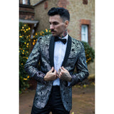 STZ64-65 - Blazer masculino de veludo com estampa floral paisley, estilo smoking, nas cores prata e preto.