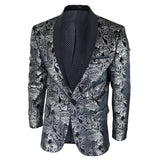 STZ64-65 - Blazer masculino de veludo com estampa floral paisley, estilo smoking, nas cores prata e preto.