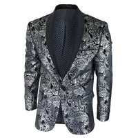 STZ64-65 - Blazer masculino de veludo com estampa floral paisley, estilo smoking, nas cores prata e preto.