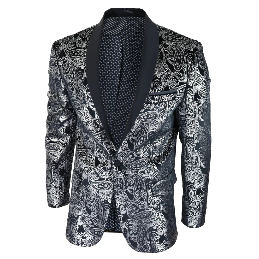 STZ64-65 - Blazer masculino de veludo com estampa floral paisley, estilo smoking, nas cores prata e preto.