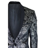 STZ64-65 - Blazer masculino de veludo com estampa floral paisley, estilo smoking, nas cores prata e preto.