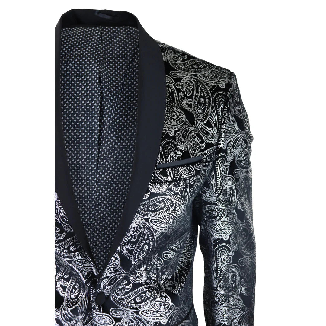 STZ64-65 - Blazer masculino de veludo com estampa floral paisley, estilo smoking, nas cores prata e preto.