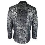 STZ64-65 - Blazer masculino de veludo com estampa floral paisley, estilo smoking, nas cores prata e preto.
