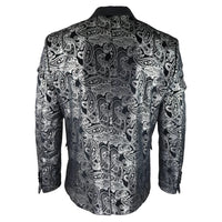 STZ64-65 - Blazer masculino de veludo com estampa floral paisley, estilo smoking, nas cores prata e preto.