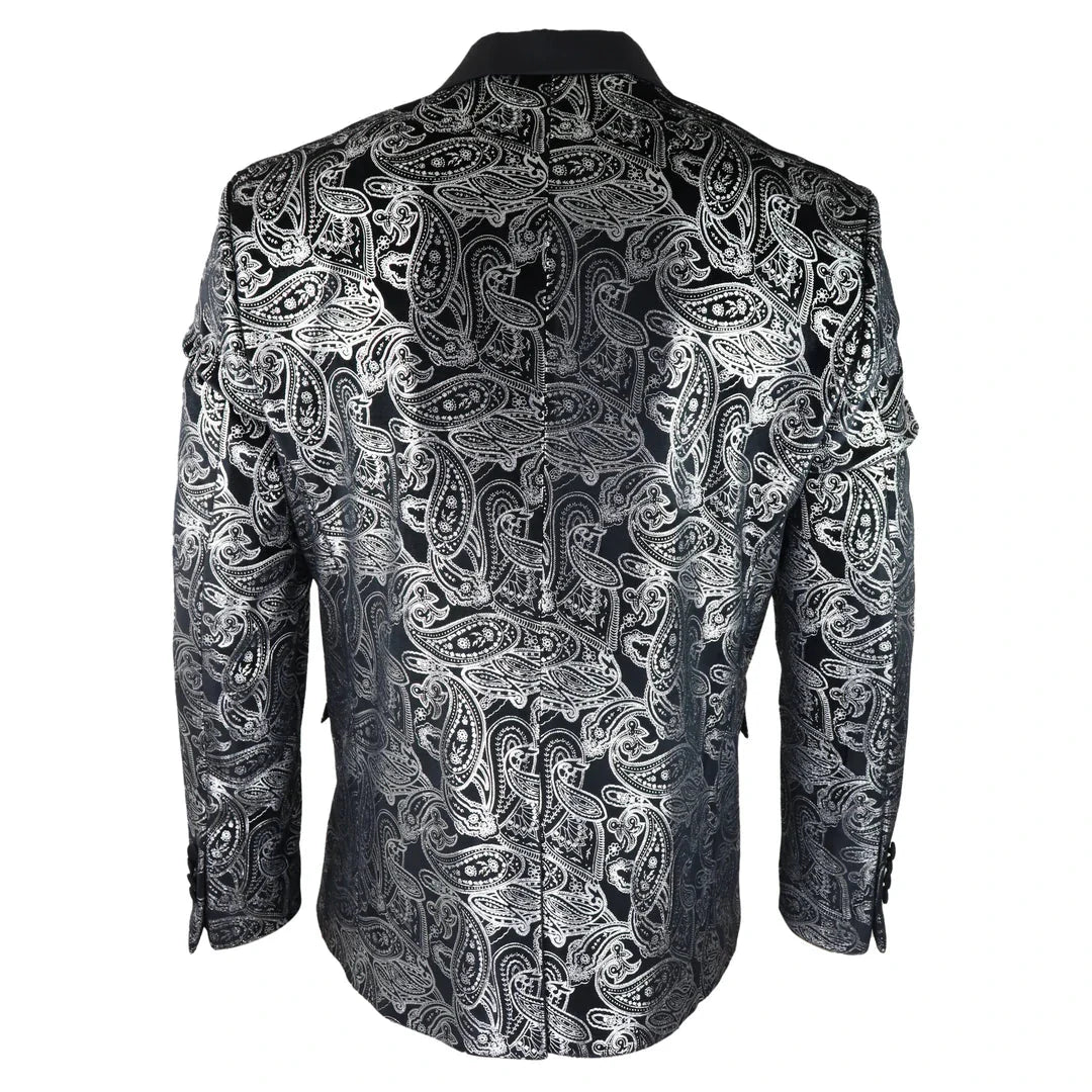 STZ64-65 - Blazer masculino de veludo com estampa floral paisley, estilo smoking, nas cores prata e preto.