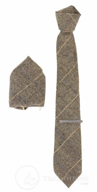 Gravata xadrez em tweed marrom-claro com lenço de bolso e prendedor de gravata - Marrom-claro