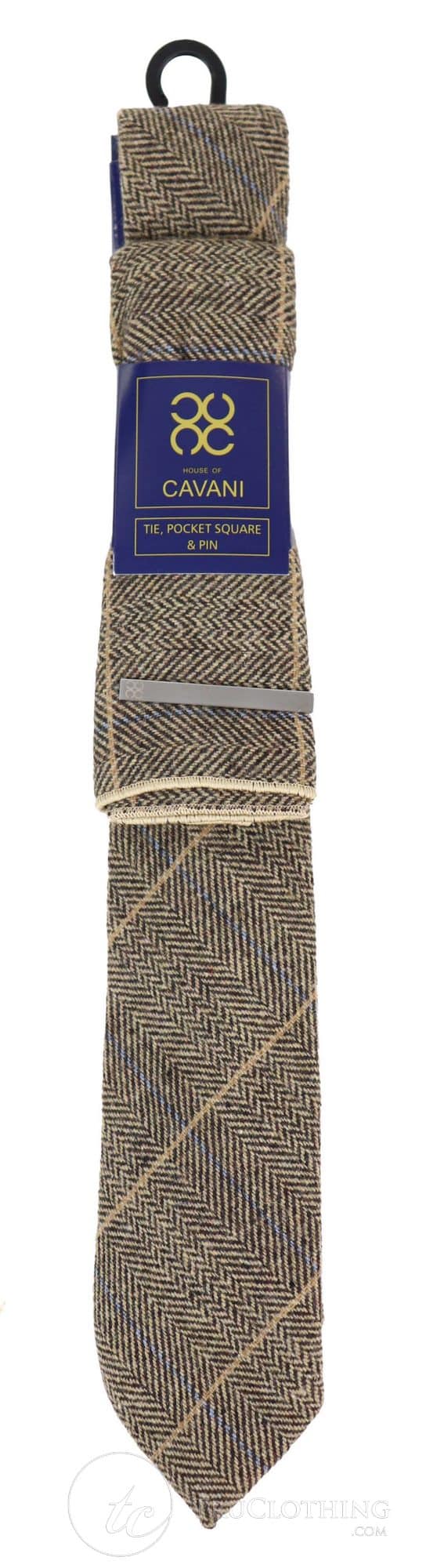Gravata xadrez em tweed marrom-claro com lenço de bolso e prendedor de gravata - Marrom-claro