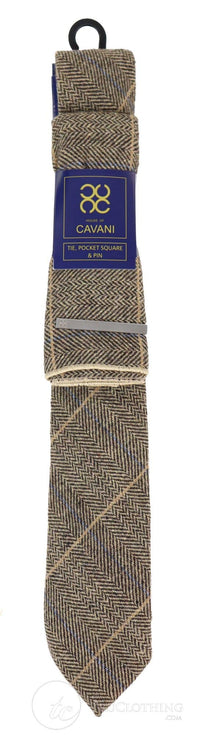 Gravata xadrez em tweed marrom-claro com lenço de bolso e prendedor de gravata - Marrom-claro
