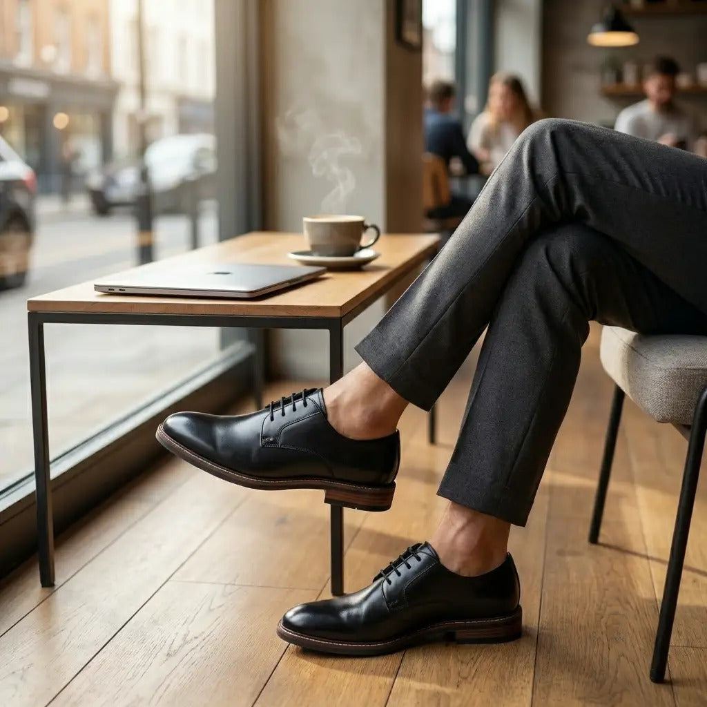 Tanner - Sapatos Derby de couro preto com bico liso e amarração