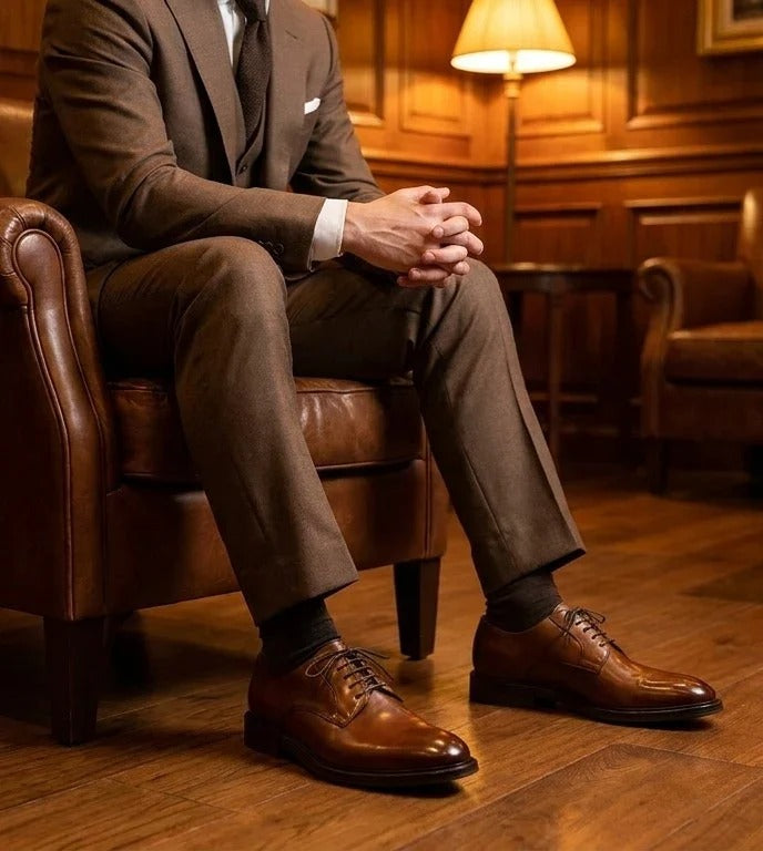 Taylor - Sapatos Derby Clássicos Masculinos de Couro Marrom com Cadarço