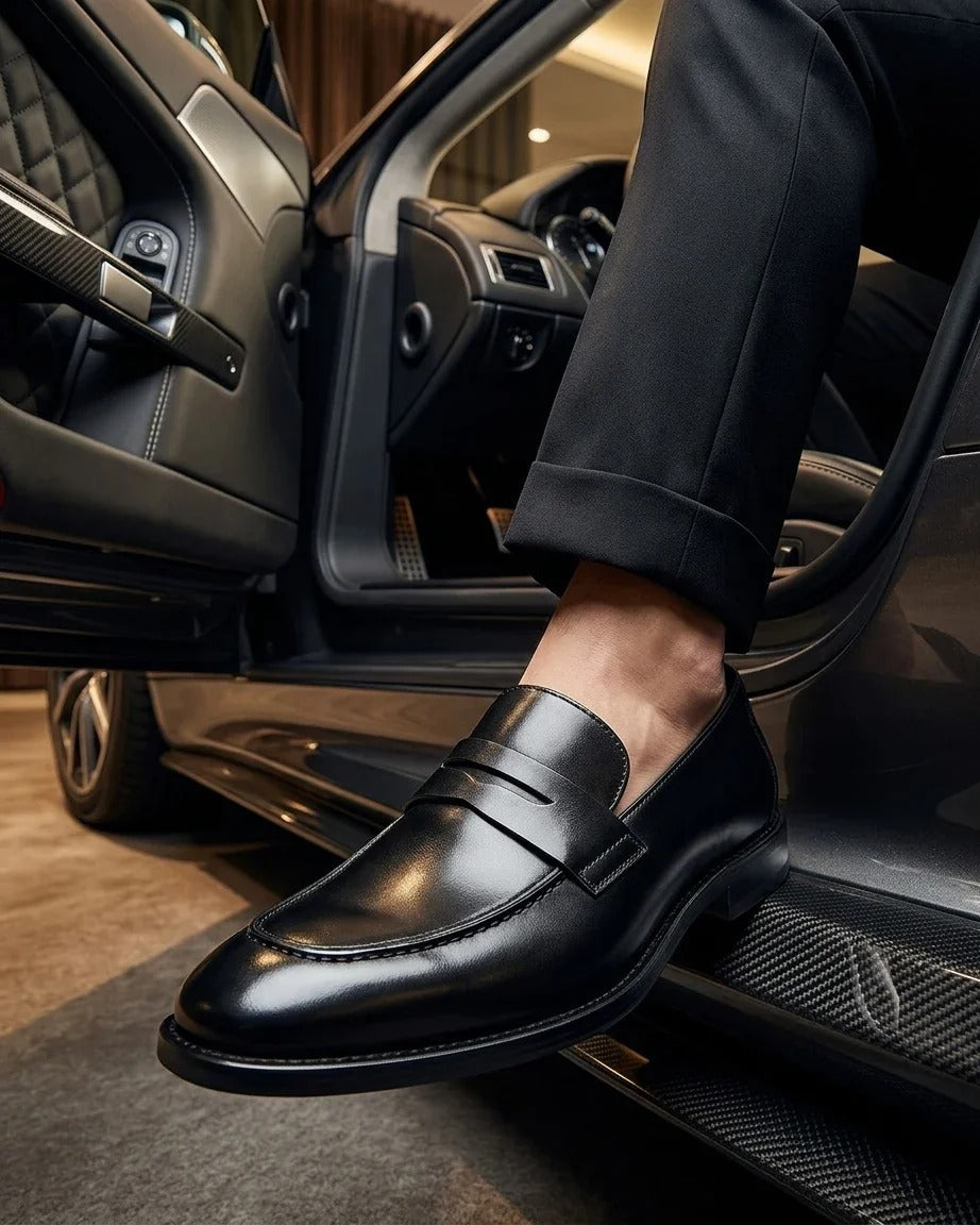 Ted - Mocassins Penny Clássicos de Couro com Bico Mocassim Preto Masculino