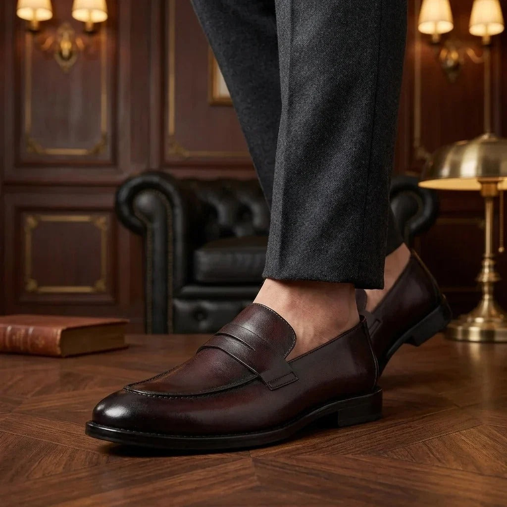Ted - Mocassins Penny Clássicos Masculinos em Couro Marrom com Bico Mocassim